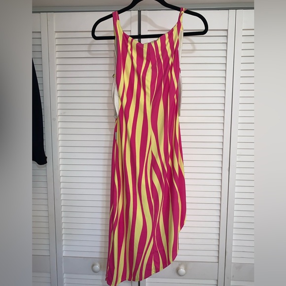 Versace Vintage 90s Asymmetrical Tiger Print MIDI Dress Pink Yellow Y2K small - Picture 2 of 10